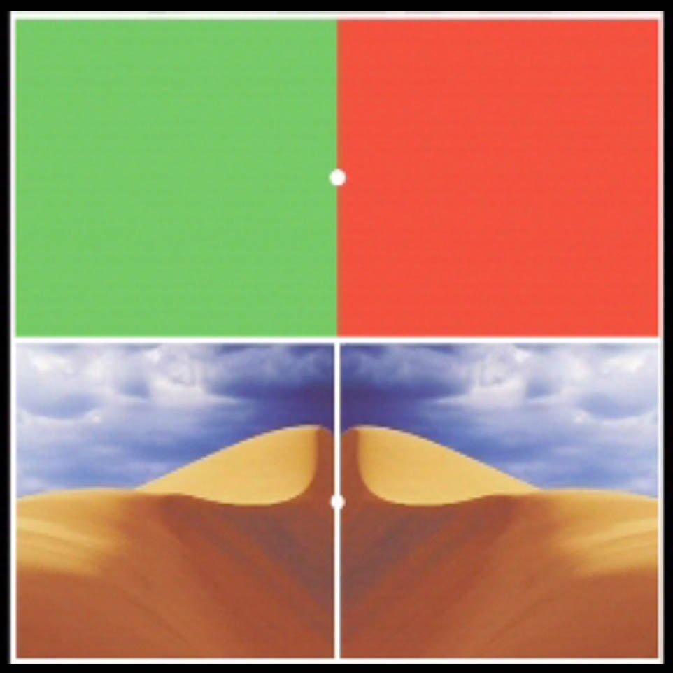 Stare at the white dot between the green and red for about 30 seconds, then look at the white dot between the identical desert pictures.